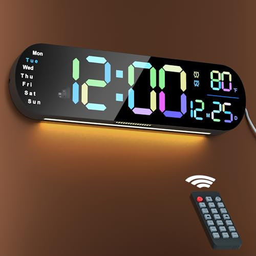 13.7 Zoll Wanduhr Digital Groß, große Digitale Wanduhr mit Timer-Fernbedienung, automatischem Helligkeitsdimmer, RGB-Nachtlicht, Doppelalarm, Wanduhren für Wohnzimmerdekor, Dekor, Geschenk, bunt