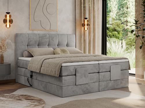 MKS MEBLE Boxspringbett 180x200 elektrisch verstellbar 7-Zonen Taschenfederkern Matratze mit TopperBett mit Motor Polsterbett Motorbett - Vittoria - Hellgrau Velvet - H3
