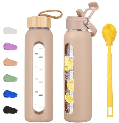 Olivego 32 oz Glass Water Bottle with 2 Lids-Handle Straw Lid & Bamboo Lid,1 Liter Motivataional Tumbler Water Bottle Time Marker, Borosilicate Glass Water Bottles With Silicone Sleeve, Leakproof