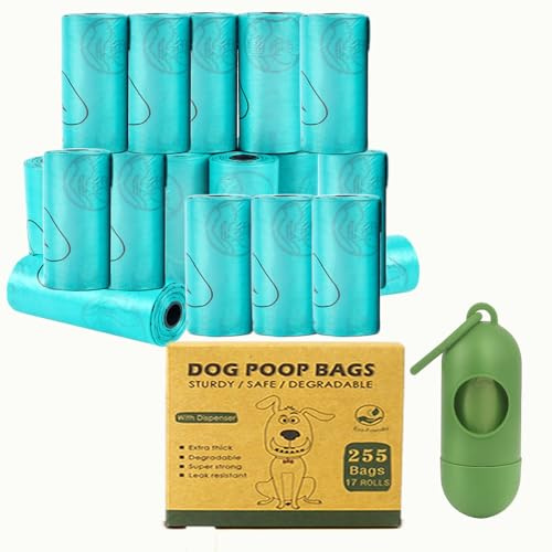 255 Pcs Hundekotbeutel (17 Rollen), Kotbeutel für Hunde + Hundekotbeutelspender, Tragbar Dog Poop Bags, Leicht zu Zerreißen, Auslaufsicher und Wasserdicht, Hundebeutel Kot