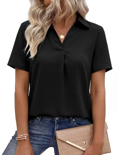 PASUDA Camicia Donna Estive Camicetta Manica Corta da Donna Blusa con Scollo a V Elegante Maglietta Casual Shirt da Lavoro Tinta Unita Classico Tops (Nero, XXL)