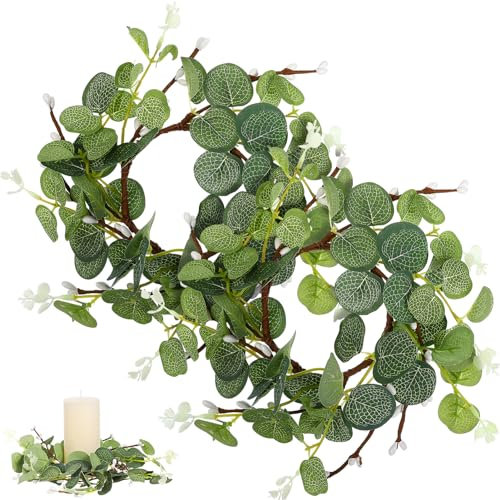 Operitacx Candle Rings Wreaths, 2Pcs Candle Wreath for Easter Decoration, Artificial Eucalyptus Leaves Wreath Small Boho Pillar Holder for Spring Easter Wedding Home Door