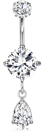 LAURITAMI 14G Piercing Nombril Argent Piercing au Nombril Acier Inoxydable Larme Dangle Gemme Bijoux pour Femme Homme,Longueur 10mm