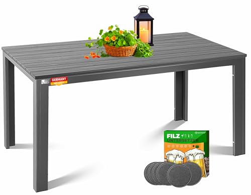 KESSER® Gartentisch 156x78cm für bis 6 Personen Esstisch Wetterfest & UV-Beständig | Outdoor Tisch mit pulverbeschichteter Stahl-Gestell & Kunststoff Tischplatte in Holz-Optik inkl. 6 Filz-Untersetzer