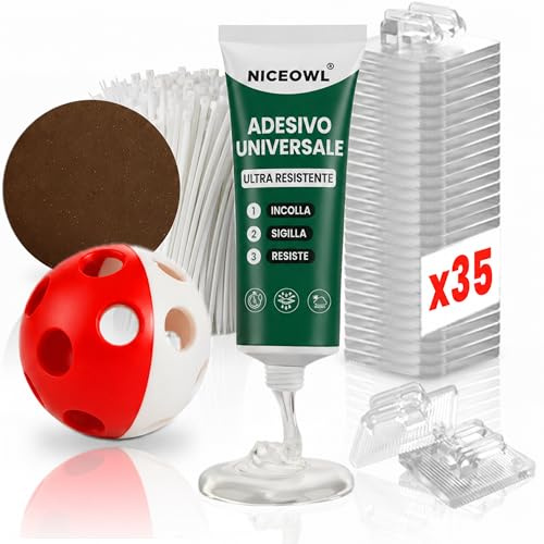 NICEOWL® Kit de Fijación Red Sin Taladros | Juguete Gratis | Pack 35 Ganchos Adhesivos + 50 ml Pegamento Universal +20 Bridas + Lija | Red para Gatos Terraza | Clips Anti UV | Red Gatos Terraza