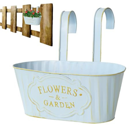 Piantatrice per ringhiera - Scatola da balcone in metallo sospeso, pianta decorativa per recinzione | Supporto per fiori in ferro vintage con ganci, vaso lungo rettangolare per supporto per ringhiera