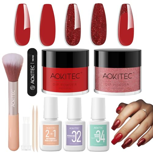 Aokitec Dip Powder Nail Kit - Red & Glitter Nail Powder with Dip Base & Top Activator Brush Saver, Dipping Acrylic Nail Kit Nail Dip Powder Starter Kit for Nail Art, Nail Set Gift for Women