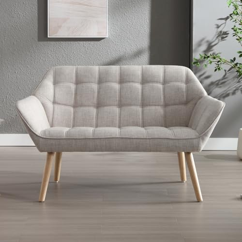 chairus 2 Seater Sofa, Tub Chairs, Small Loveseat with Wooden Legs, Beige | Linen Fabric, Quilted Backrest & Seat, Upholstered Cushion, Comfy Armrest, for Living Room, Bedroom