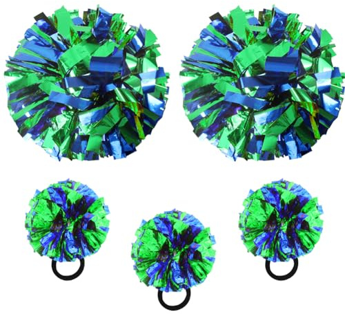 Lovecheer 5PCS Blue and Green Pom Poms Cheerleading with Mini Pompoms Wrist Ropes Cheerleader Costume for Sports Team Spirit Basketball Hockey Football Dance Performance