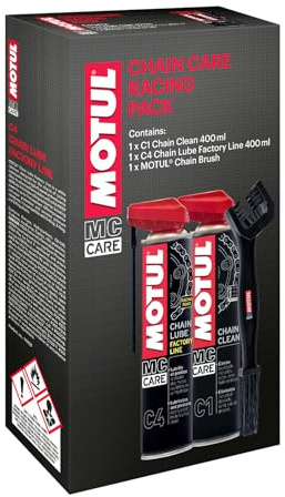Motul - Kit di Manutenzione - Pulitore Spray per Catena Moto + Lubrificante per Catena Moto da Corsa + Spazzola Non Abrasiva - MC Care Chain Clean C1 - MC Care Chain Lube Factory Line C4