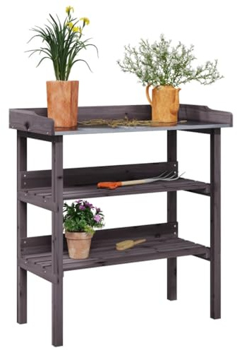 Table de plantation avec étagères, table de rempotage de fleurs en bois de Firwood massif, dessus en métal et 2 étagères (gris)