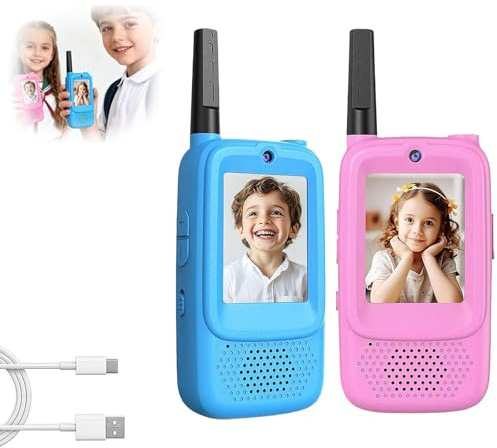 Talkies-Walkies VidéO pour Enfants,Longue PortéE,Rechargeables avec Appareil Photo Et Changeur De Voix,Jouets éDucatifs Enfants 3 à 12 Ans,Cadeaux GarçOns Filles Les Aventures en Plein Air(Blue+Pink)