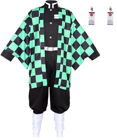 Satdflie Demon Slayer Cosplay Disfraz Kimono Robe Traje con Cinturón Completo Uniforme Conjunto Unisex Navidad Halloween Disfraz Anime Fans Regalo, Tanjiro Kamado, M