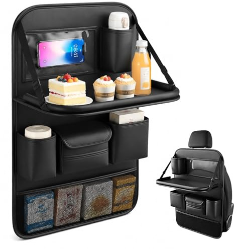 Jinfanshurich Organizer per sedile posteriore in pelle con tavolo pieghevole, organizer per sedile auto con supporto per tablet e protezione schienale, portaoggetti per auto con tavolo, tavolo da
