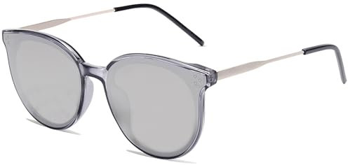 SOJOS Retro Vintage Sonnenbrille Damen Hochwertige Runde Cateye Brille Übergroß UV 400 Schutz mit Federscharnier, Brilletuch und Brillenbeutel DOLPHINKlar Grau/Silber Gespiegelt