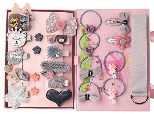 Seatecks 24 Stück Mädchen Haarschmuck Haarspangen Set Geschenkbox Haarclip Haarspange Nette Partei Bowknot Blume Multi Stil Haarnadel Band Rosa für kleine Mädchen Baby Kinder-Grau