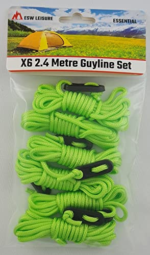 ESW LEISURE Guyline rep 6-pack för tält markis camping stark lätt paracord kille rep med spännare kille linjer fiske paraply skydd husvagn lusthus (lysande grön, 2,4 meter 6-pack)