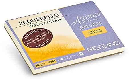 Honsell Fabriano Artistico Acquarello Watercolour, extra weiß, Feinkorn cold pressed, 12,5 x 18 cm, 25 Blatt 300 g/m², hochwertiger Künstler-Aquarellkarton, Block 4-seitig geleimt, vegan