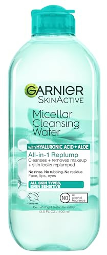 Garnier SkinActive Micellar Cleansing Water, All-In-1 Hydrating and Replumping Makeup Remover + Face Cleanser, With Hyaluronic Acid + Aloe, For Normal To Sensitive Skin, 400 ml