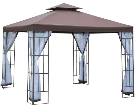 Outsunny Cenador de Jardín 3x3 m Pabellón para Exterior con Doble Techo de Ventilación 4 Mosquiteras Extraíbles y Marco de Acero Protección Solar Gazebo para Fiestas Eventos Café