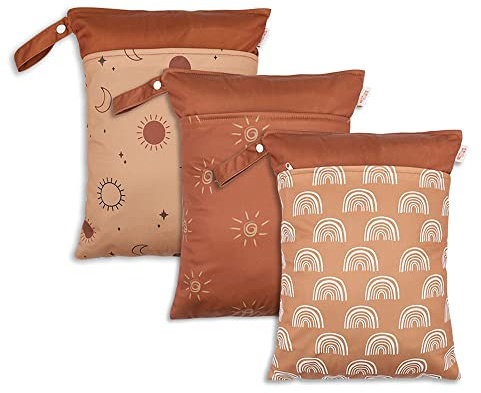 Treer Lot de 3 Sac à Couches Bébé, Sac de Rangement à Couches Etanche Réutilisable Lavable avec Double Fermeture Eclair Hangable Wetbag pour Bébé Voyage (Étoile Lune,30x40cm)
