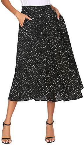 Parabler Damen Hohe Taille Röcke Sommer Maxirock Polka Dot Rock Lang Herbst und Winter Elegante Faltenrock mit Tasche Schwarz XXL
