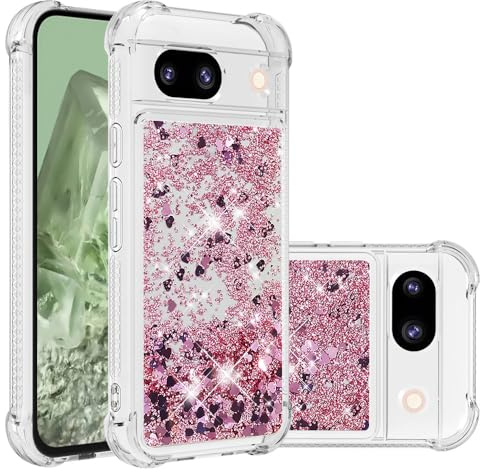IMIRST telefonfodral kompatibelt med Google Pixel 8a Bling flytande glitter silikonskal stötsäkert Kawaii airbag skyddande fodral för Google Pixel 8a. YBW kärlek roséguld