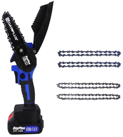 Motosierra 21V, Mini Motosierra Bateria 4 Pulgadas+6 Pulgadas 2200RPM, Batería y Cargador 1500mah, Motosierra de Corte de Madera de Rama