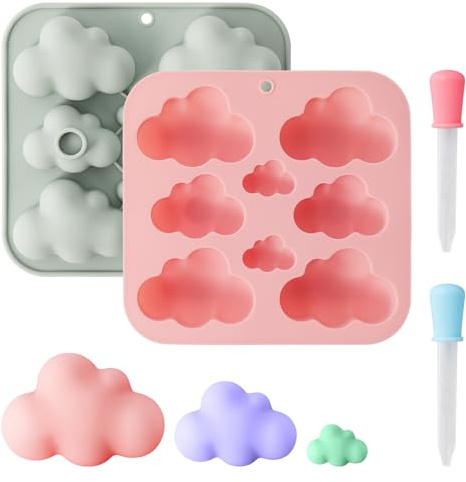 2 Pcs Cute Cloud Silicone Molds with 2 Droppers, 3D Cloud Baking Mould,Ice Cube Tray, DIY Baking Tool for Chocolate Cake Dessert Candy Mousse, Handmade Chocolate Mold and Ice Cubes (Pink or Gray)