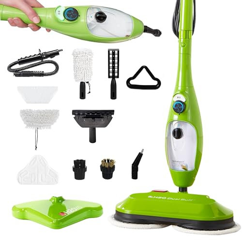 H2O MOP® X5 Dual Buff - Escoba a vapor 8 en 1, portátil, para suelos de baldosas, suelos de madera, yeso, limpiador de tapicería y alfombras, 2 paños lavables, 11 accesorios de limpieza