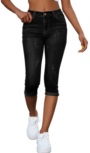 Onsoyours Jean Capri Femme Pantacourt Été Taille Haute Jean 3/4 Décontracté Pantacourt Jeans Casual Jeggings Pants Capri Pantacourt B Noir L