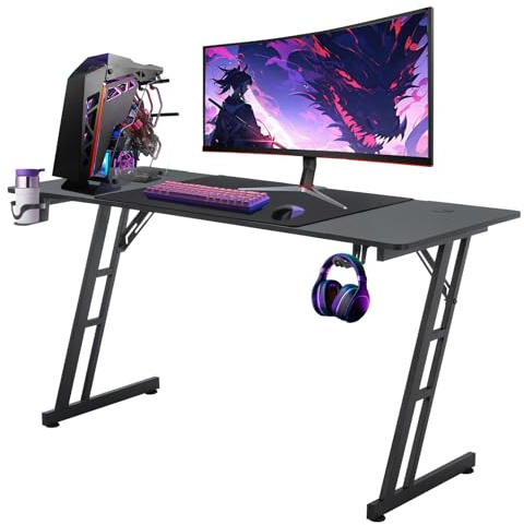 Kidsgigglz Scrivania Gaming, 120x60cm Tavolo Gaming Ergonomica,Tavolo Gaming a Forma di Z con Porta Tazza, Gancio per Cuffie, Piano del Tavolo in Fibra di Carbonio Impermeabile, Scrivania Salvaspazio