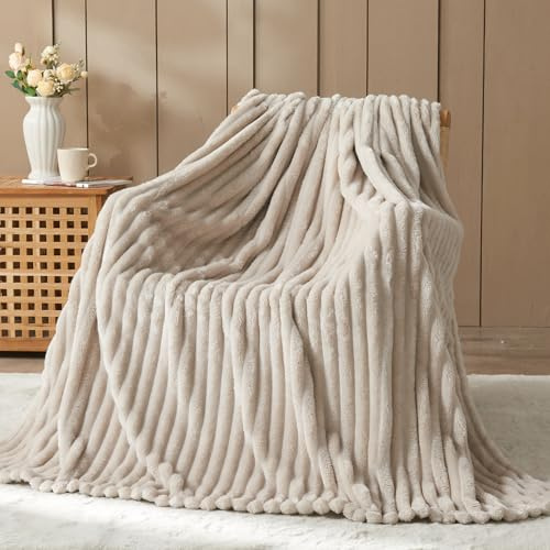 NEWCOSPLAY Super Soft Twin Blanket Linen Premium Silky Flannel Fleece 3D Ribbed Jacquard Lightweight Bed Blanket All Season Use (Linen Ribbed, Twin(60x80))