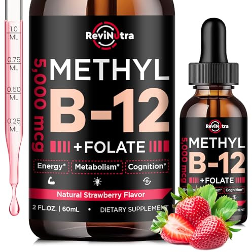 Vitamin B12 liquid Drops, B12 vitamins 5000 mcg, Vitamin B Complex Supplement with Methylcobalamin B12 Sublingual, Vitamin B6, Folate for Energy, Brain, Heart Health, Vegan Strawberry Flavor 2 Fl Oz