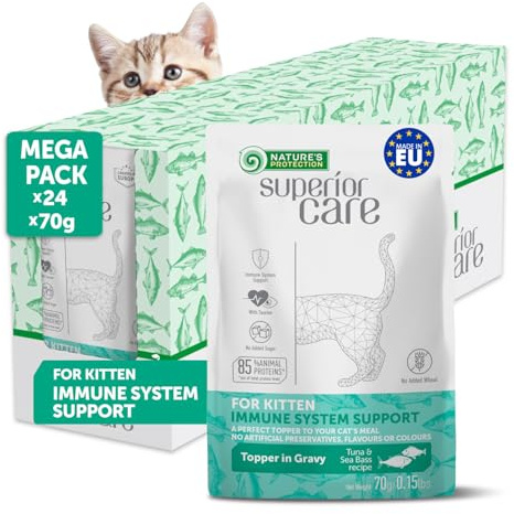 Nature's Protection Superior Care Wet Kitten Food - Tuna & Sea Bass Cat Food Pouches for Healthy Growth - Grain Free Hypoallergenic Kitten Food - Sensitive Digestion, Immune & Bone Support (24 x 70g)