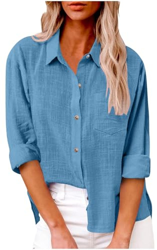 Womens Tops Clearance Womens Button Down Shirt Casual Cotton Linen Shirts Long Sleeve Dress Shirts Ladies Tops Loose Fit Dressy Pullover Blouse Office Work Blouses with Pocket