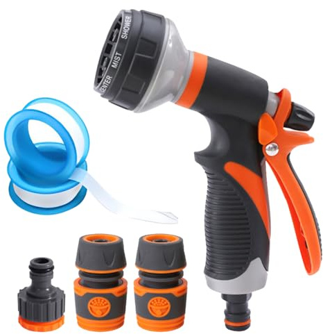 Hose Pipe Spray Gun, Adjustable Patterns Garden Hose Spray Gun, Multi Jet High Pressure Water Hose Gun Head Garden Watering Attachment Set for Plants Lawns Watering(Orange)
