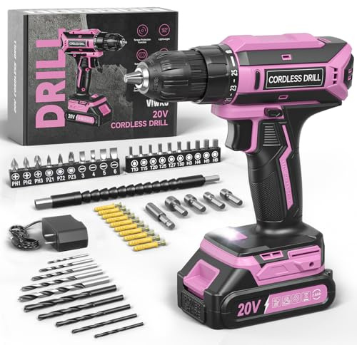 VIWKO Taladro Atornillador Batería, 20V Atornillador Electrico, 25+1 Ajuste de Par, 42Nm Taladro Inalámbrico, LED Luz, juego de Accesorios de Taladro Bateria de 56 Piezas Para Bricolaje, Rosa