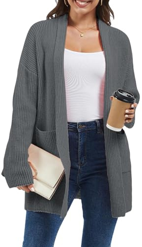 crazy bean Cardigan Donna Invernale Lungo Maglione con Tasche Lunga Lavorare in Maglia Aperto Giacca Elegante Grigio S