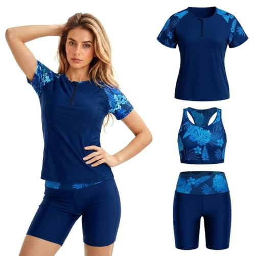 Owntop Rashguard Set da donna 3 pezzi – Maglietta a maniche corte con canotta e costume da bagno, asciugatura rapida, con protezione UV per spiaggia, nuoto, sport acquatici, Blu scuro, XL