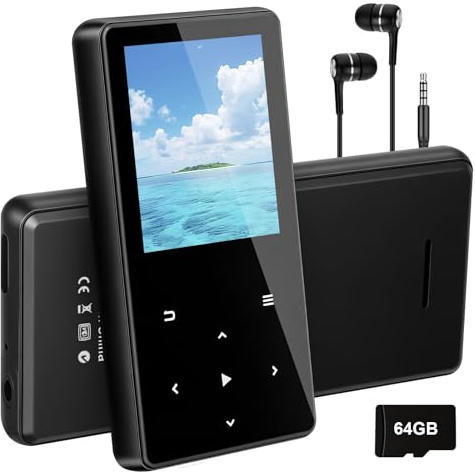 Aroeally Lettore MP3 64GB con Bluetooth, Mini Lettore Musicale Portatile con Altoparlante, Radio FM, Registratore Vocale, HiFi Audio, MP3 MP4 Player con Cuffie, Lettore MP3 Bluetooth Espandibile 128GB