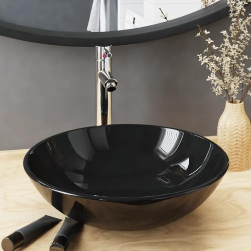 Genérico Lavabo de baño Grifo y desagüe de Empuje Vidrio Templado negro-3098453