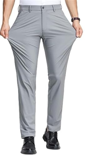 Pantalones de trabajo de verano de seda helada para hombre, pantalones de traje elásticos de ajuste suelto con cintura elástica, pantalones de seda helada elásticos de ajuste suelto, gris, XXL