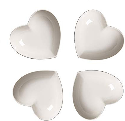 Super Cute Heart Sharpe Ceramic Sauce Dish,Mini Side Seasoning Dish,Condiment Dishes/Sushi Soy Dipping Bowl,Snack Serving Dishes,Love Porcelain Small Saucer Set(Set of 4) (12cm)