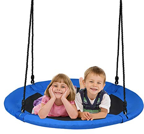 HONEY JOY 40 Inch Saucer Tree Swing, Indoor Outdoor Kids Swing Set,Height Adjustable Hanging Straps, Wear-Resistant & Water Proof Round Flying Saucer for Playground Backyard Playroom (Blue)