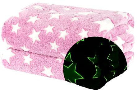 WICKED GIZMOS Glow in the Dark Blanket – Soft Fluffy Fleece Blanket for Kids, Cosy & Snuggly Flannel Throw, for Girls or Boys – Pink Stars, 127 x 152 cm