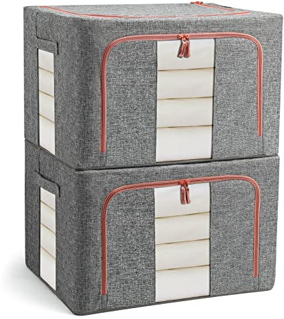 FUSACONY Closet Organizers and Storage, Foldable Oxford Cloth Steel Frame Box,2 Pack,Clear Window & Carry Handles, Waterproof, can Hold Large-capacity Clothes, Bedding, Blankets, Grey (22L)