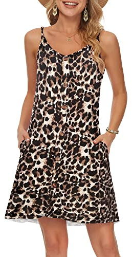 WNEEDU Robe de Plage Femme Bretelles Spaghetti Col V Courte Été Poches XXL