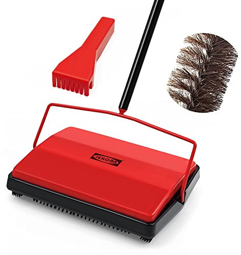 JEHONN Carpet Floor Sweeper Manual with Horsehair, Non Electric Quite Rug Roller Brush Push for Cleaning Pet Hair, Loose Debris, Lint (Red)