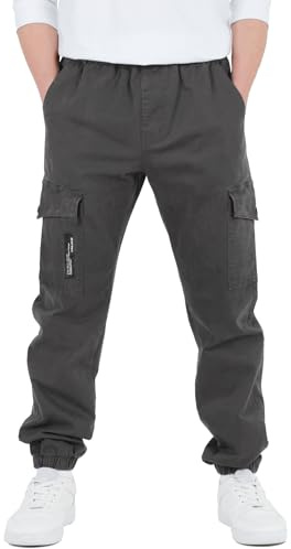 CAMLAKEE Boys Trousers Cargo Pants Kids School Jogging Bottoms Casual Streewear with Elastic Cuffs Grey UK:12-13 Years (manufacturers's Size: 160)